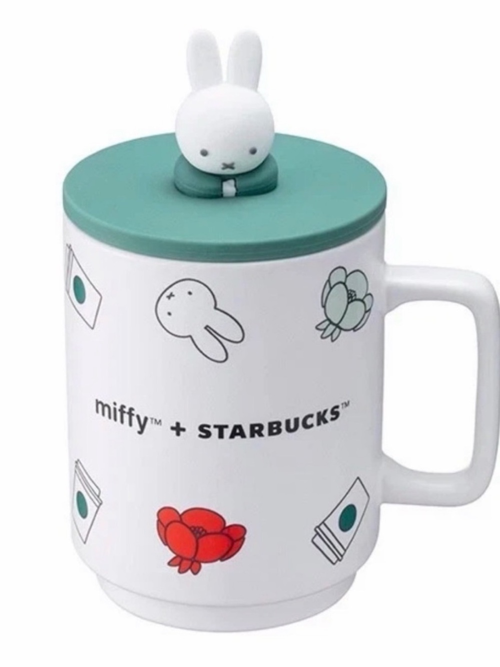 Starbucks White Miffy Ceramic Mug with Green Lid and Red Floral Accent
